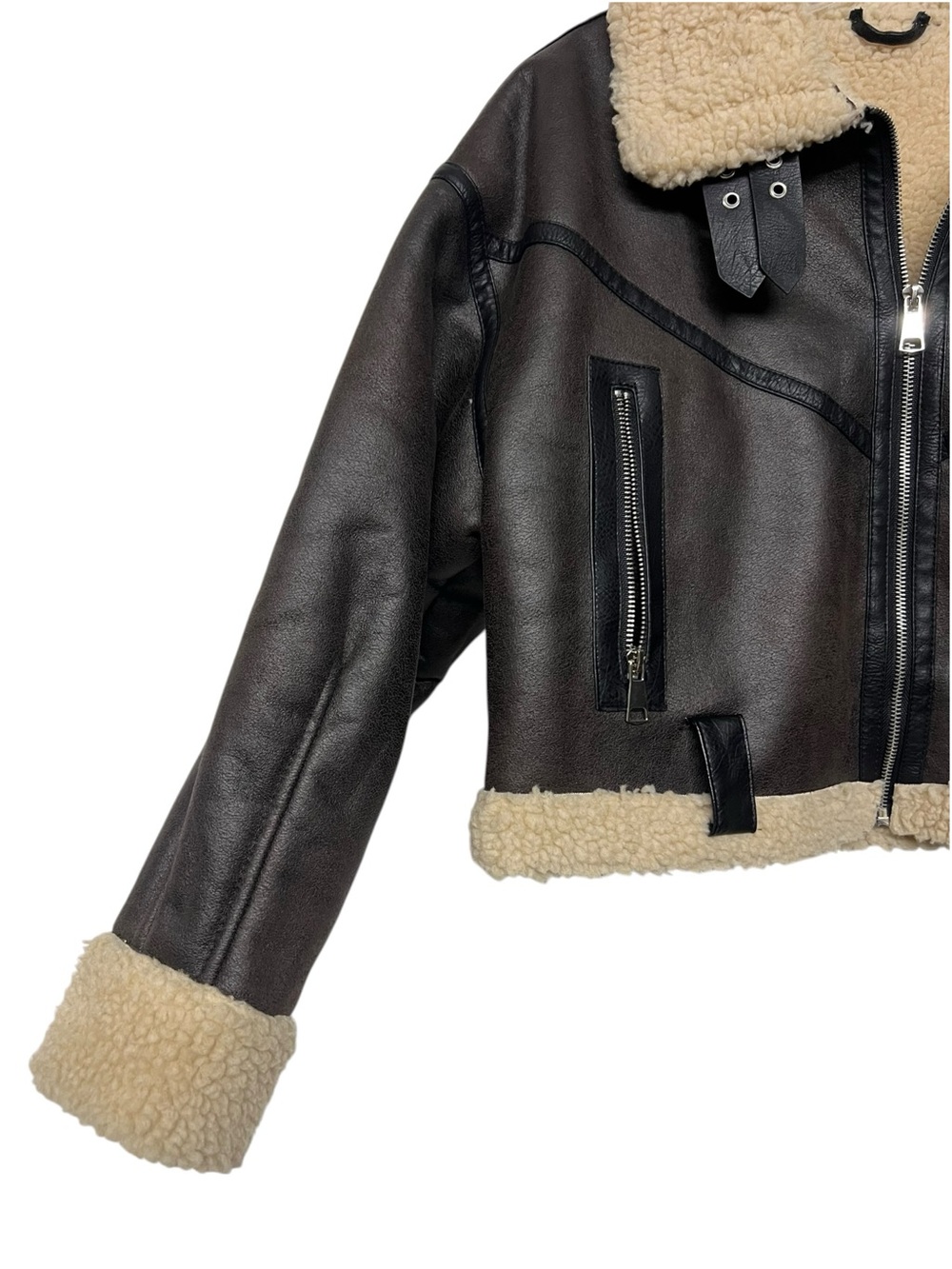 Faux Leather Shearling Trim Cropped Biker Jacket Sherpa Lined Chocolate Brown - Picture 3 of 7